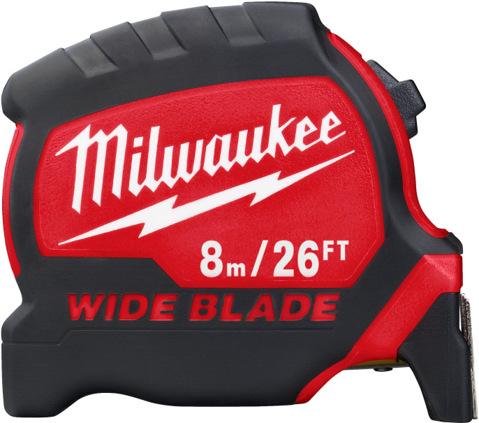 Рулетка Milwaukee Premium Wide blade 8м 4932471818 ширина лезвия: 33 мм, материал ленты: сталь с нейлоновым покрытием, магнитный зацеп, двусторонняя шкала, автостоп, измерительная шкала: сантиметры