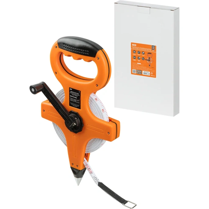 Измерительная геодезическая рулетка TDM ELECTRIC 30 метров х 13 мм, фибергласовое полотно, открытый корпус, штык для фиксации "Рубин" SQ1018-0403