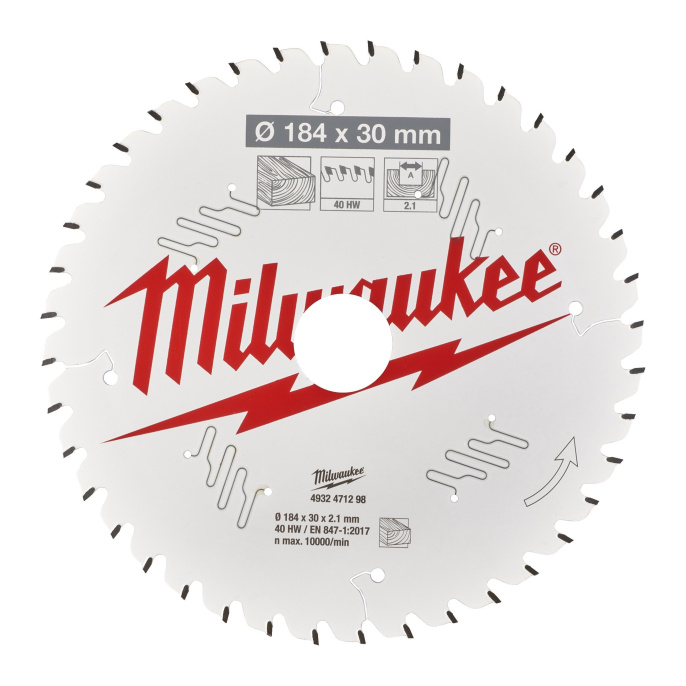 Диск пильный Milwaukee 184x30x2.1x40 ATB 4932471298 по дереву для циркулярной пилы, угол атаки зуба: +10°, низкая вибрация