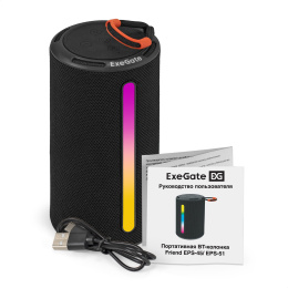 Портативная BT-колонка ExeGate Friend EPS-51 2*5Вт, 50-20000Гц, Bluetooth, с поддержкой USB и TF/microSD карт, FM, Li-Ion 1200mAh, цвет черный, RGB подсветка, зарядка USB Type-C, Color Box EX289737RUS