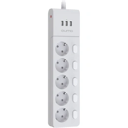 Сетевой фильтр QUMO Power Bar PRO 6SP4U P-0006, 5 независимо отключаемых розеток, 2500 Вт, 10A, кабель 2м 3 мм чистая медь, пожаробезопасный пластик, евровилка, 3 USB порта 3,1A суммарно белый 48580
