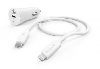 Автомобильное зарядное устройство HAMA H-183297, USB-C, 8-pin Lightning, 18Вт, 3A, белый [00183297]