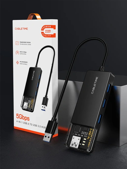 Концентратор  CABLETIME CB01B (CT-HUBT1-PB) 4 порта, 5Gbps, 0.15 м, с блоком питания, USB-хаб для ноутбука и ПК
