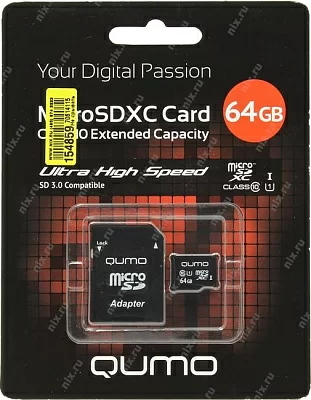 Карта памяти Qumo QM64GMICSDXC10U1 microSDXC 64Gb UHS-I U1 + microSD--SD Adapter