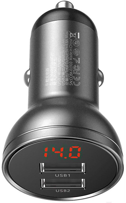 Автомобильное зарядное Baseus CCBX-0G Digital Display 4.8A Car Charger 2 USB 24W, выходы: USB 1 12 W , USB 2 12 W , Gray