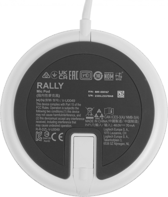 Микрофон проводной Logitech Rally Mic Pod 2.95м белый 952-000038
