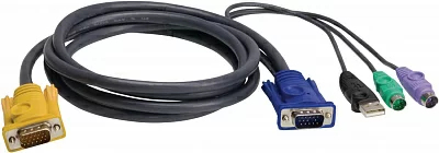 Шнур ATEN 2L-5303UP, мон., клав.+мышь USB, SPHD  HD DB15+USB A-Тип+2x6MINI-DIN, Male-4xMale, 8+8 проводов, опрессованный, 3 метр., черный, (с поддерKой KVM PS/2) ATEN. USB-PS/2 HYBRID CABLE. 3M