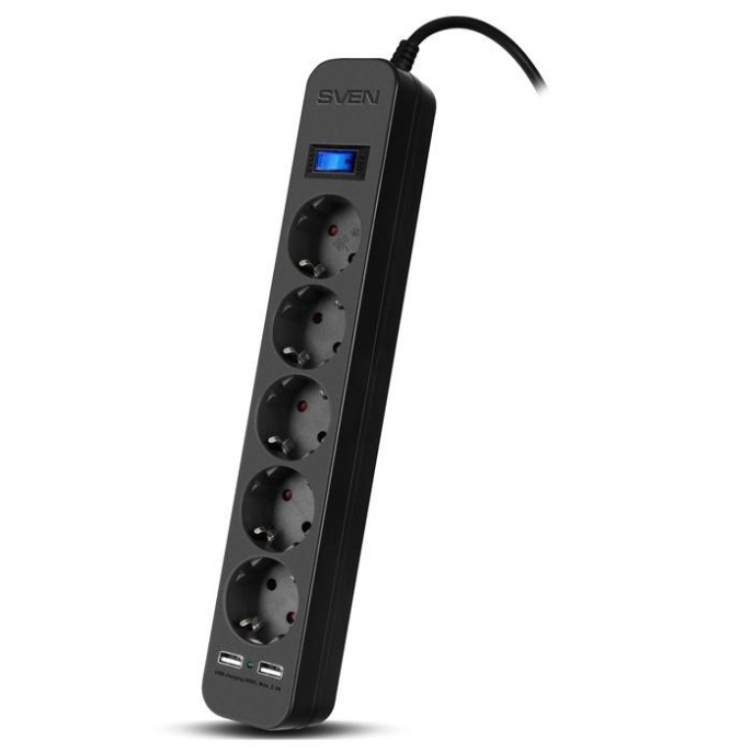 Фильтр SVEN SF-05LU 5.0 м 5 евро розеток,2*USB 2.4А , черный, цветная коробка [SV-018856]