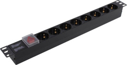 Блок розеток с выключателем с подсветкой и разъемом подключения C14 ExeGate ServerPro PDU-19H801 Al-8S-C14-SW 19", 1U, Алюминий, 8 Schuko, C14, выкл. с подсветкой, черный, RTL EX280840RUS