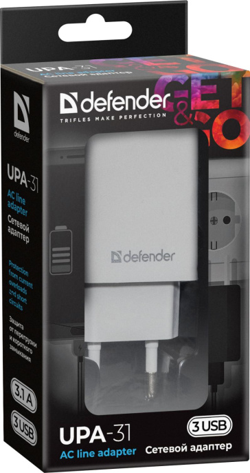Defender Сетевой адаптер UPA-31 белый, 3xUSB, 5V/3.1А 83587