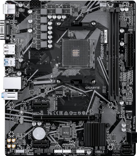 Материнская плата Gigabyte A520M S2HP Soc-AM4 AMD A520 2xDDR4 mATX AC`97 8ch 7.1 GbLAN RAID+VGA+HDMI+DP