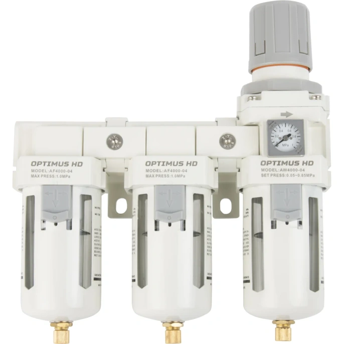 Блок подготовки воздуха 1/2" трехступенчатый с влаго-маслоотделителем, регулятором и манометром hd Optimus AFFW4000-04