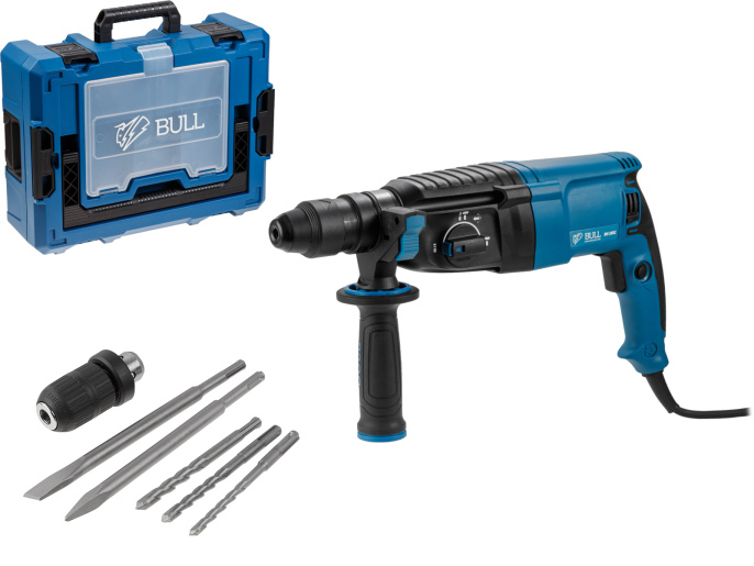 Перфоратор BULL BH 2602 в чем. Xcase 800 Вт, 3.0 Дж, 4 реж. + 2 зубила, 3 сверла, БЗП в комплекте 1329814
