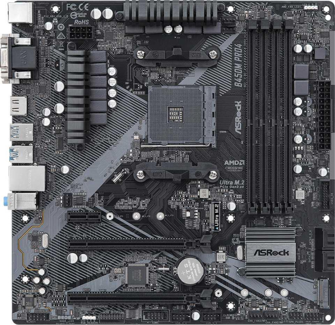 Материнская плата Asrock B450M PRO4 R2.0 Soc-AM4 AMD B450 4xDDR4 mATX AC`97 8ch 7.1 GbLAN RAID+VGA+DVI+HDMI