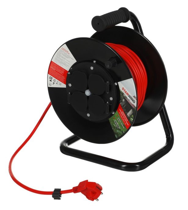 Удлинитель силовой StarWind ST-PSR4.20/G-16, розеток 4шт, 3x1.0 кв.мм, 16A, 20м, ПВС, катушка, оранжевый