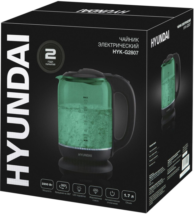Чайник электрический Hyundai HYK-G2807 1.7л. 2200Вт бирюзовый/черный корпус: стекло