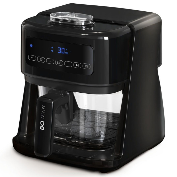 Аэрогриль BQ GR2005 Черный 1400 Вт, сенсорное управление, 3 л, 8 программ, конвекция, защита от перегрева, длина сетевого шнура 0.8 м, материал корпуса: пластик, материал корзины: стекло, 250x275x288 мм