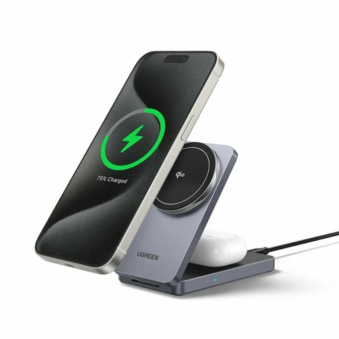 Беспроводное зарядное устройство 2-в-1 UGREEN W706 45023 2-in-1 Wireless Charger Qi2 for Iphone 15W &AirPods. Цвет: серый 45023_