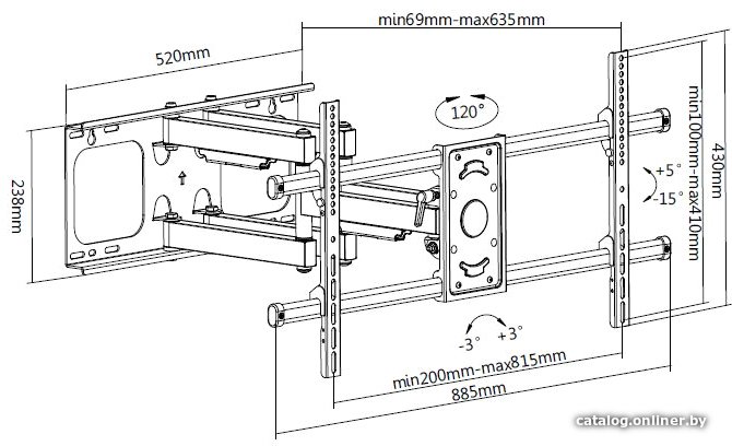 Кронштейн Digis DSM-P4986 поворотно-выдвижной для плоских и изогнутых ТВ 40"-90" до 75 кг, 2x2 колена, VESA до 800x400мм, 69-635 мм от стены, наклон -15°/+5°, поворот +60°/-60°