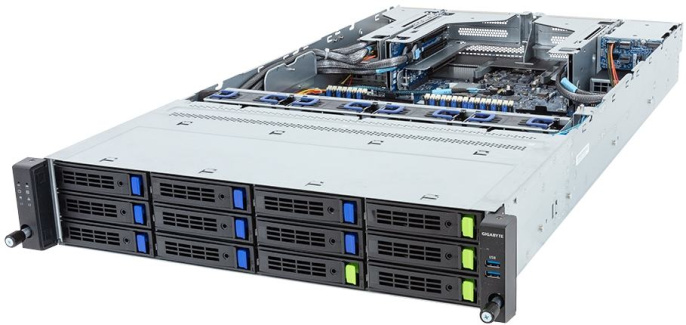Серверная платформа 2U R283-S91-ABJ1 GIGABYTE 2 x LGA 4677, 32 x DDR5 RDIMM, 4 x 3.5"/2.5" Gen4 NVMe/SATA/SAS hot-swap bays, 8 x 3.5"/2.5" SATA/SAS hot-swap bays, 2 x 2.5" SATA/SAS hot-swap bays on the rear side, 2 x 1Gb/s, 2 x20