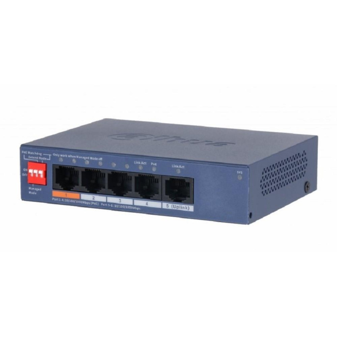 DAHUA DH-CS4005-4GT-60 4-портовый гигабитный PoE коммутатор с функцией облачного управления, 4 RJ45 10/100/1000Мбит/с PoE/PoE+/Hi-PoE , 1 RJ45 10/100/1000Мбит/с uplink , суммарно 60Вт