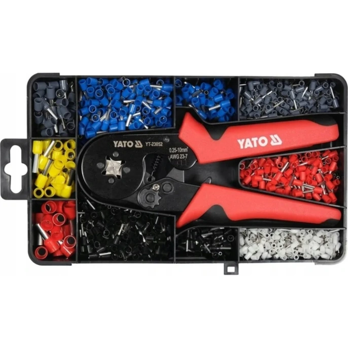 Клещи для опрессовки гильзовых разъемов YATO на проводах 0,25-10 мм2, 1200 шт. гильзовых разъемов YT-23052