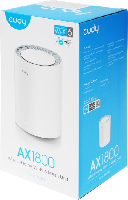 Маршрутизатор CUDY AX1800 Wi-Fi 6 Mesh Solution 1-Pack, Chipset MediaTek, Dual-Band, 802.11ax/ac/a/b/g/n,  1201Mbps at 5GHz + 574Mbps at 2.4GHz, 2 Gigabit Ethernet Ports, 4 internal antennas,  MU-MIMO, DDNS, Zerotier/Wireguard/OpenVPN/IPSec/L2TP/PPTP VPN,
