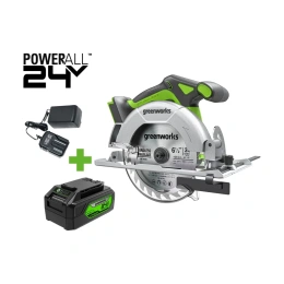 Дисковая пила GreenWorks GD24CS165, 24V, б/щет, диск 165х20мм, 4800об/мин, рез 57мм, 1x4Ач, ЗУ, коробка 1501607VUB