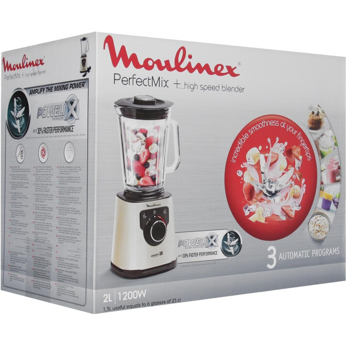 Высокоскоростной блендер Moulinex/ Высокоскоростной блендер Moulinex PerfectMix+, механическое управление, 3 автоматические программы, мощность 1200 Вт, объем чаши 2 л, турбо, съемные лезвия