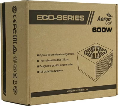Блок питания Aerocool ECO-600W (RTL) 600W ATX (24+2x4+6/8пин)