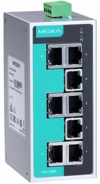 Промышленный неуправляемый коммутатор MOXA EDS-208A, 8 портов 10/100BaseT X , IP30, от -10 до 60°C, DIN-Rail