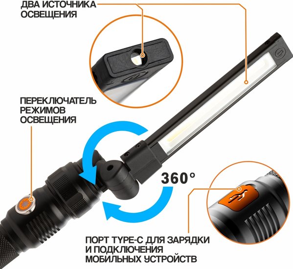 Фонарь MaxPiler MWL-09 (складной, аккумуляторный, 1200-100 Лм, LED SMD+COB, 360*, 3 реж, 5-28 ч, магнит)