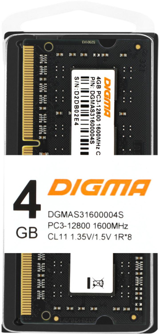 Оперативная память Digma DGMAS31600004S DDR3 -  1x 4ГБ 1600МГц, для ноутбуков (SO-DIMM),  Ret