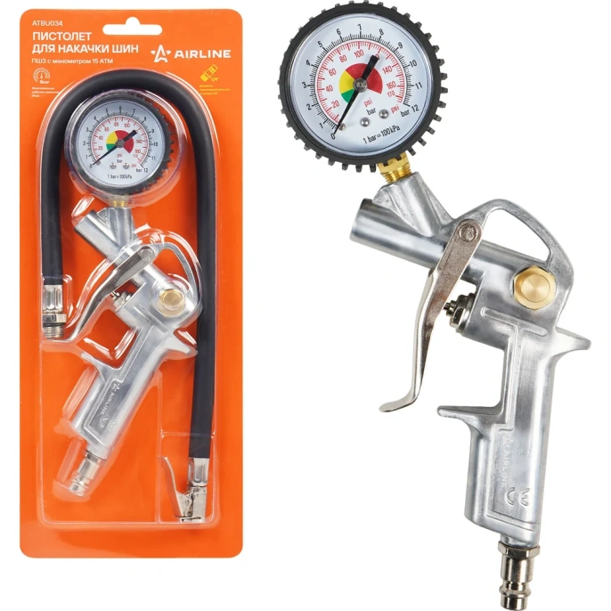 Пистолет для накачки шин Airline ПШ3 с манометром, 15 Атм ATBU034