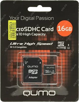 Карта памяти Qumo QM16GMICSDHC10U1 microSDHC 16Gb UHS-I + microSD--SD Adapter