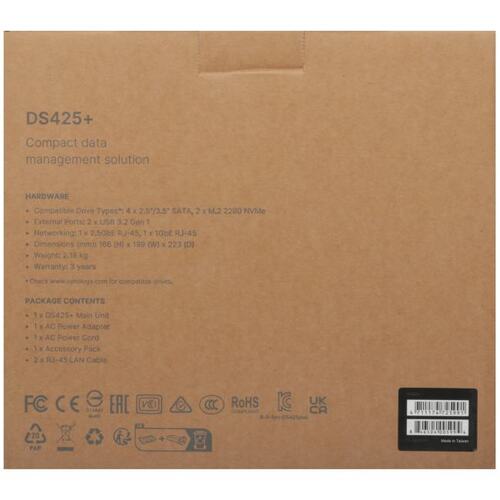 Сетевое хранилище NAS SYNOLOGY DS425+ 4-bay настольный Celeron J4125