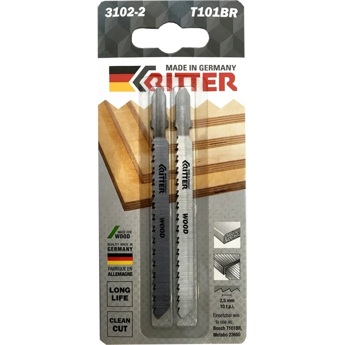Пилки для лобзиков по дереву Eco Т101BR CrV, 100х75 мм, шаг 2.5 мм/10TPi, 2 шт RITTER PS17141012