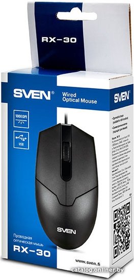 Мышь Sven RX-30 Black (SV-018214) (полноразмерная мышь для ПК, проводная USB, сенсор оптический 1000 dpi, 3 кнопки, колесо с нажатием)