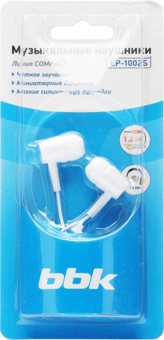 Наушники BBK EP-1002S, 3.5 мм, внутриканальные, белый [ep-1002s (w)]