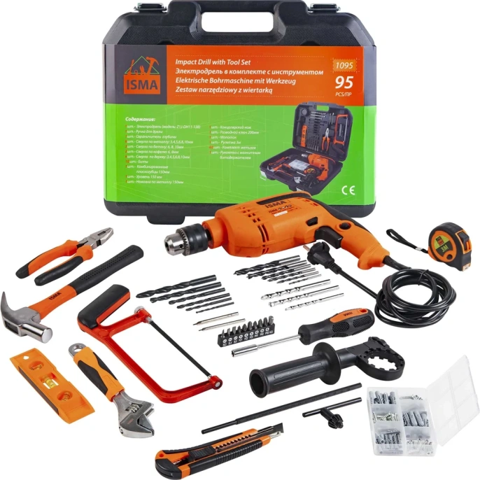 Набор инструментов с электрической дрелью ISMA 95 предметов (220v,750w,0-2900об/мин),в кейсе ISMA-1095(51106)