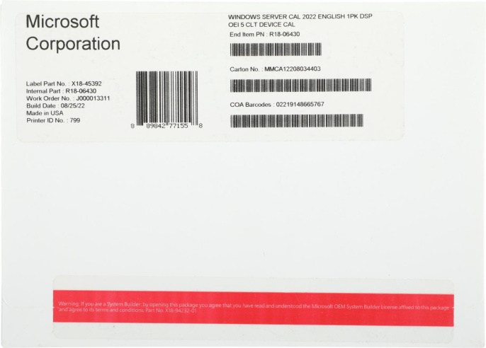 Комплект программного обеспечения Windows Server CAL 2022 English 1pk DSP OEI 5 Clt Device CAL