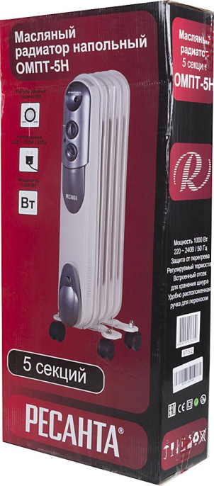 Масляный радиатор Ресанта ОМПТ- 5Н, с терморегулятором, 1000Вт, 5 секций, 3 режима, белый [67/3/2]