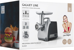 Мясорубка Galaxy Line GL2423 7020424230 2200 Вт, производительность: 2.6 кг/мин, реверс, материал корпуса: металл/пластик, 3 формовочных диска, 3 терки, цвет: серебристый, черный