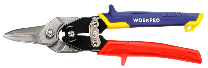 Ножницы по металлу WorkPro WP214021 250мм прямые, лезвие из кованой стали CR-MO, ручка с тремя направлениями материала, зазубренные режущие кромки, эргономичный дизайн