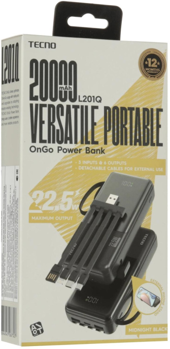 Внешний аккумулятор (Power Bank) TECNO Pocket L201Q,  20000мAч,  черный