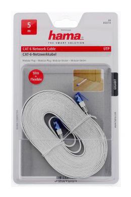 Патч-корд HAMA UTP, кат.6, 5м, 4 пары, многожильный, белый, плоский flat