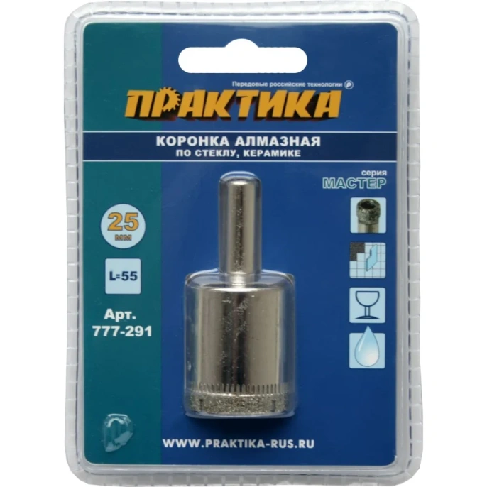 Коронка алмазная по стеклу и керамике (25 мм) ПРАКТИКА 777-291