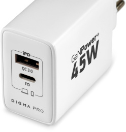 Сетевое зарядное устройство Digma DPW4A,  USB-A,  USB-C, 45Вт, 3A, белый [dpw4a5gx11wh]