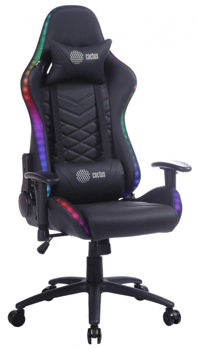 Кресло игровое Cactus CS-CHR-0099BL с RGB подсветкой, экокожа, до 120кг, регулируемые 2D подлокотники,  черный