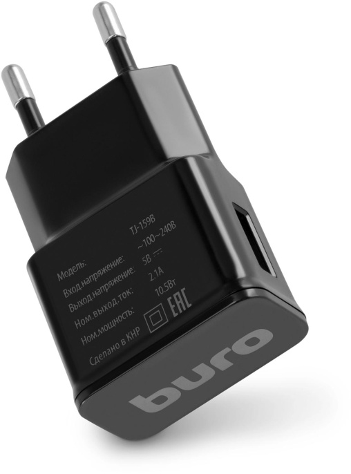 Сетевое зарядное устройство Buro TJ-159b,  USB-A,  10.5Вт, 2.1A, черный
